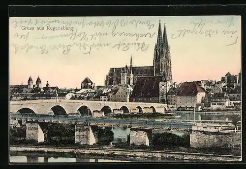 AK Regensburg, Brücke mit Blick auf Kirche