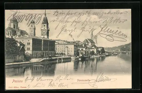 AK Passau, Blick auf Rathaus und Kirche von der Donau