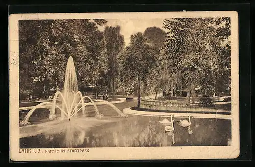 AK Lahr, Stadtpark mit Springbrunnen und Schwänen