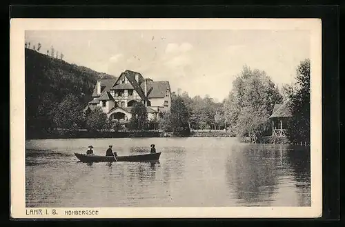 AK Lahr, Ruderboot auf dem Hohbergsee vor Gasthaus