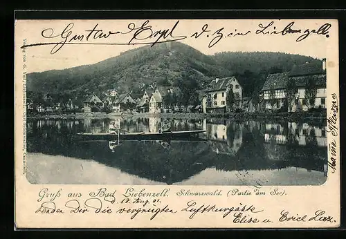 AK Bad Liebenzell /Schwarzwald, See mit Ruderboot mit Blick auf Ort