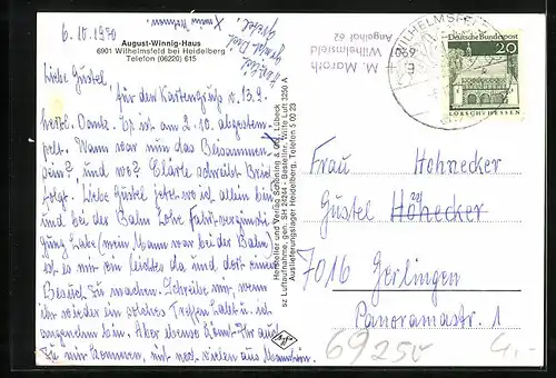 AK Wilhelmsfeld /Heidelberg, August-Winnig-Haus, Fliegeraufnahme