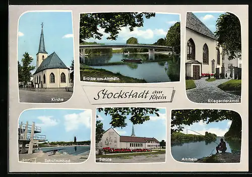 AK Stockstadt, Blick auf Kirche, Schwimmbad, Kriegerdenkmal
