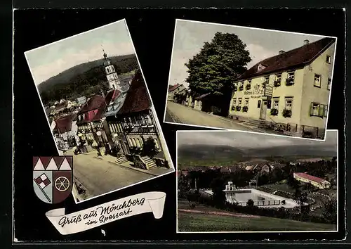 AK Mönchberg /Spessart, Gasthaus und Pension Zur Brauerei mit Ortsansicht