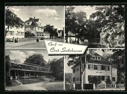 AK Bad Salzhausen, Haus Gerock, Teich und Ortsansicht