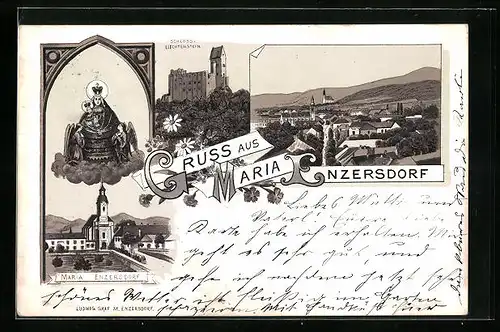 Lithographie Maria Enzersdorf, Schloss Lichtenstein, Ortspartie, Totalansicht