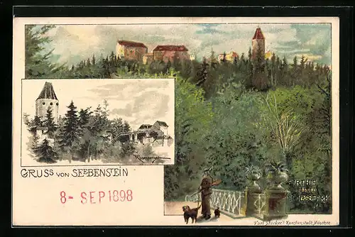 Lithographie Seebenstein, Partie aus dem Schlosspark, Ortspartie