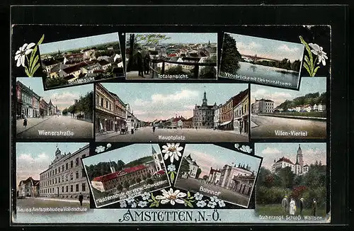 AK Amstetten, Ybbsbrücke mit Elektrizitätswerk, Erzherzogliches Schloss Wallsee, Bahnhof