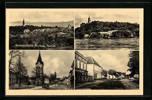 AK Wallsee, Strassenpartie mit Geschäft, Turm, Uferpartie