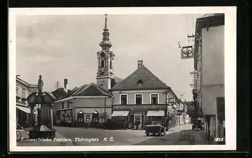 AK Pöchlarn, Thöringplatz mit Café Rössle, Geschäften und Brunnen