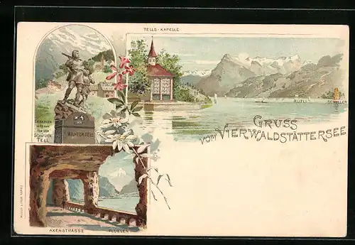 Lithographie Vierwaldstättersee, Wilhelm Tell Denkmal und Tells-Kapelle