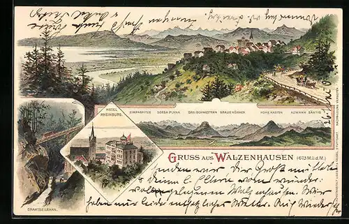 Lithographie Walzenhausen, Drahtseilbahn, Hotel Rheinburg und Bergspitzen