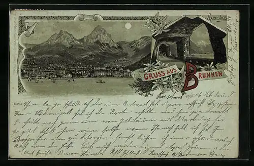 Mondschein-Lithographie Brunnen, Axenstrasse mit Blick auf See