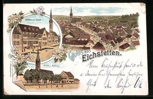 Lithographie Eichstetten, Gasthaus zum Rössle, Kirche und Rathaus, Teilansicht