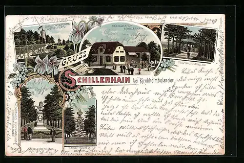 Lithographie Schillerhain bei Kirchheimboldanden, Restaurant Schillerhain, Sulzbachavillon, Aussichtstürme & Spielplatz