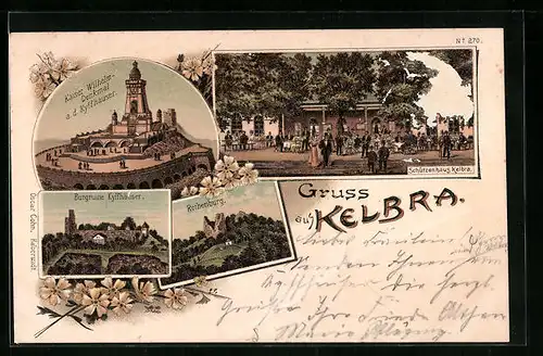 Lithographie Kelbra, Schützenhaus Kelbra, Burgruine Kyffhäuser, Rothenburg