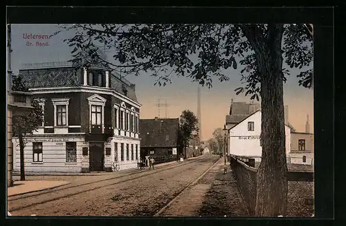 AK Uetersen, Strasse Grosser Sand mit Brot-Fabrik und Essig`s Spirituosen-Geschäft