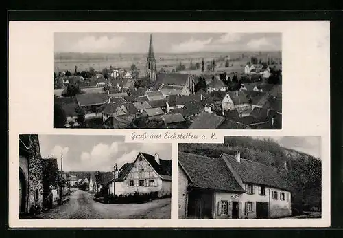 AK Eichstetten a. K., Kolonialwarengeschäft von Robert Vögtlin, Strassenpartie mit Fachwerkhaus, Teilansicht mit Kirche