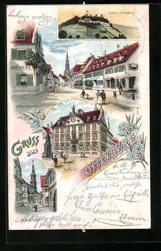 Lithographie Offenburg, Mittlere Hauptstrasse mit Apotheke, Schloss Ortenberg, Rathaus