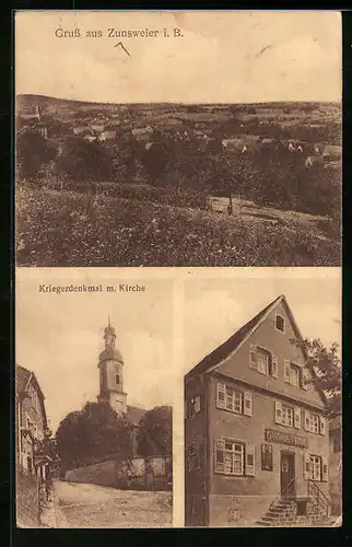 AK Zunsweier i. B., Gasthaus zur Krone, Kriegerdenkmal mit Kirche, Teilansicht