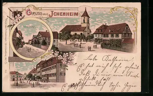 Lithographie Ichenheim, Gasthaus zum Löwen, Strasse nach Kehl