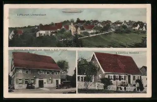 AK Liemersbach, Gasthaus zum Hirsch, Landhaus Waldfried, Zeppelin über dem Ort