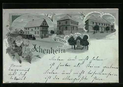 Mondschein-Lithographie Ichenheim, Gasthaus zum Adler, Geschäftshaus S. Greulich