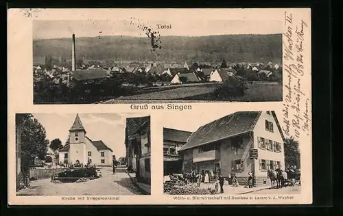 AK Singen, Gasthaus zum Lamm, Kirche mit Kriegerdenkmal