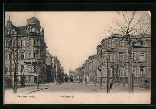 AK Braunschweig, Adolfstrasse mit Strassenbahnen