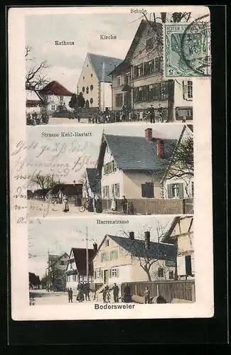 AK Bodersweier, Strasse Kehl-Rastatt, Herrenstrasse, Schule mit Rathaus und Kirche