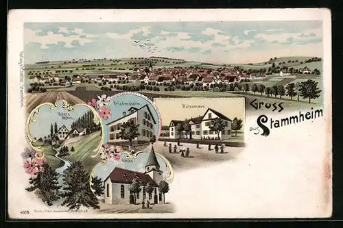Lithographie Stammheim, Untere Mühle, Waisenhaus, Friedensheim