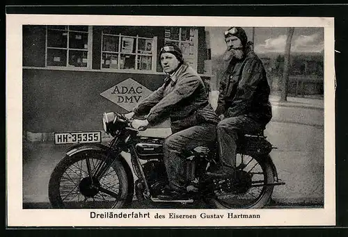 AK Berlin, Dreiländerfahrt des Eisernen Gustav Hartmann auf einer Zündapp Z300