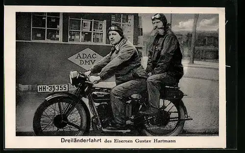 AK Berlin, Dreiländerfahrt des Eisernen Gustav Hartmann auf einer Zündapp Z300