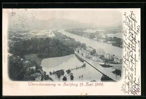 AK Salzburg, Ortsansicht aus der Vogelschau während des Hochwassers 1899