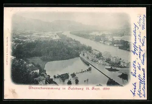 AK Salzburg, Ortsansicht aus der Vogelschau während des Hochwassers 1899