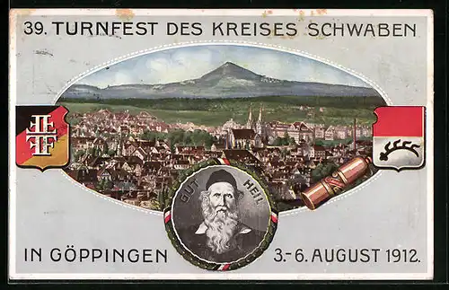 AK Ganzsache PP27C156: Göppingen, 39. Turnfest des Kreises Schwaben 1912, Totalansicht