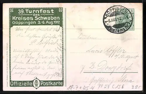 AK Ganzsache PP27C156: Göppingen, 39. Turnfest des Kreises Schwaben 1912, Totalansicht