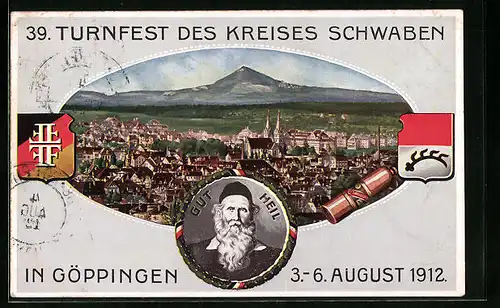 Künstler-AK Ganzsache PP27C156: Göppingen, 39. Turnfest des Kreises Schwaben 1912