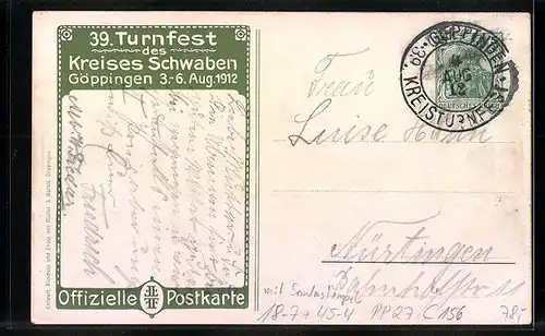 Künstler-AK Ganzsache PP27C156: Göppingen, 39. Turnfest des Kreises Schwaben 1912