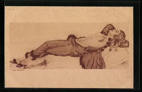 Künstler-AK Max Brüning: Junge Frau mit nackter Brust im grünen Pyjama