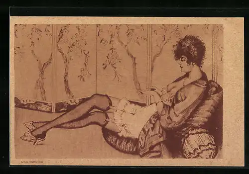 Künstler-AK Max Brüning: Junge Frau mit nackter Brust bei der Maniküre