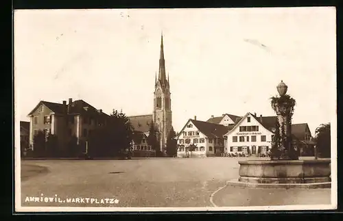 AK Amriswil, Marktplatz mit Kirche, Brunnen und Gasthof zum Bären