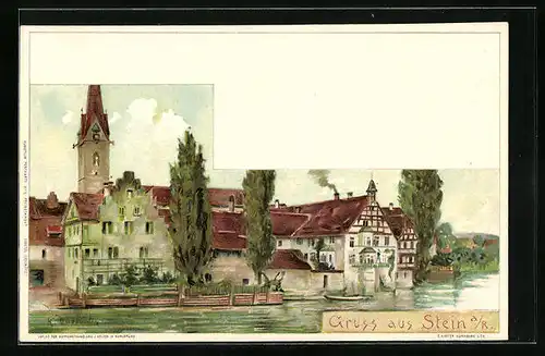 Lithographie Stein am Rhein, Ortspartie mit Kirche und Rhein