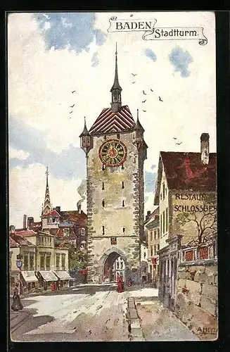 AK Baden, Strassenpartie mit Stadtturm und Restaurant