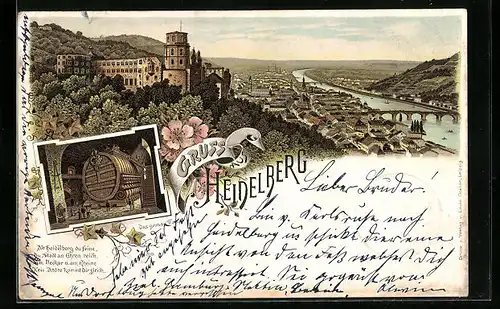 Lithographie Heidelberg, Ortsansicht mit Schloss und Fluss