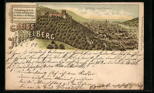 Lithographie Heidelberg, Ortsansicht mit Schloss und Fluss von der Terrasse