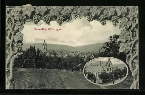 AK Rauenthal /Rheingau, Ortspartie mit Kirche, Winzerhalle aus der Vogelschau