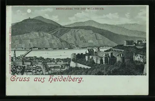 Mondschein-Lithographie Heidelberg, Ortsansicht von der Molkencur