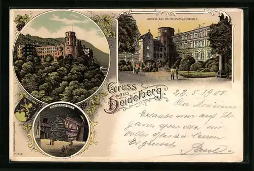 Lithographie Heidelberg, Schloss, Das grosse Fass mit Passanten