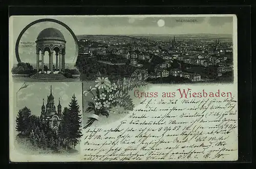 Mondschein-Lithographie Wiesbaden, Totalansicht mit Umgebung, Nerobergtempel, Griech. Kapelle